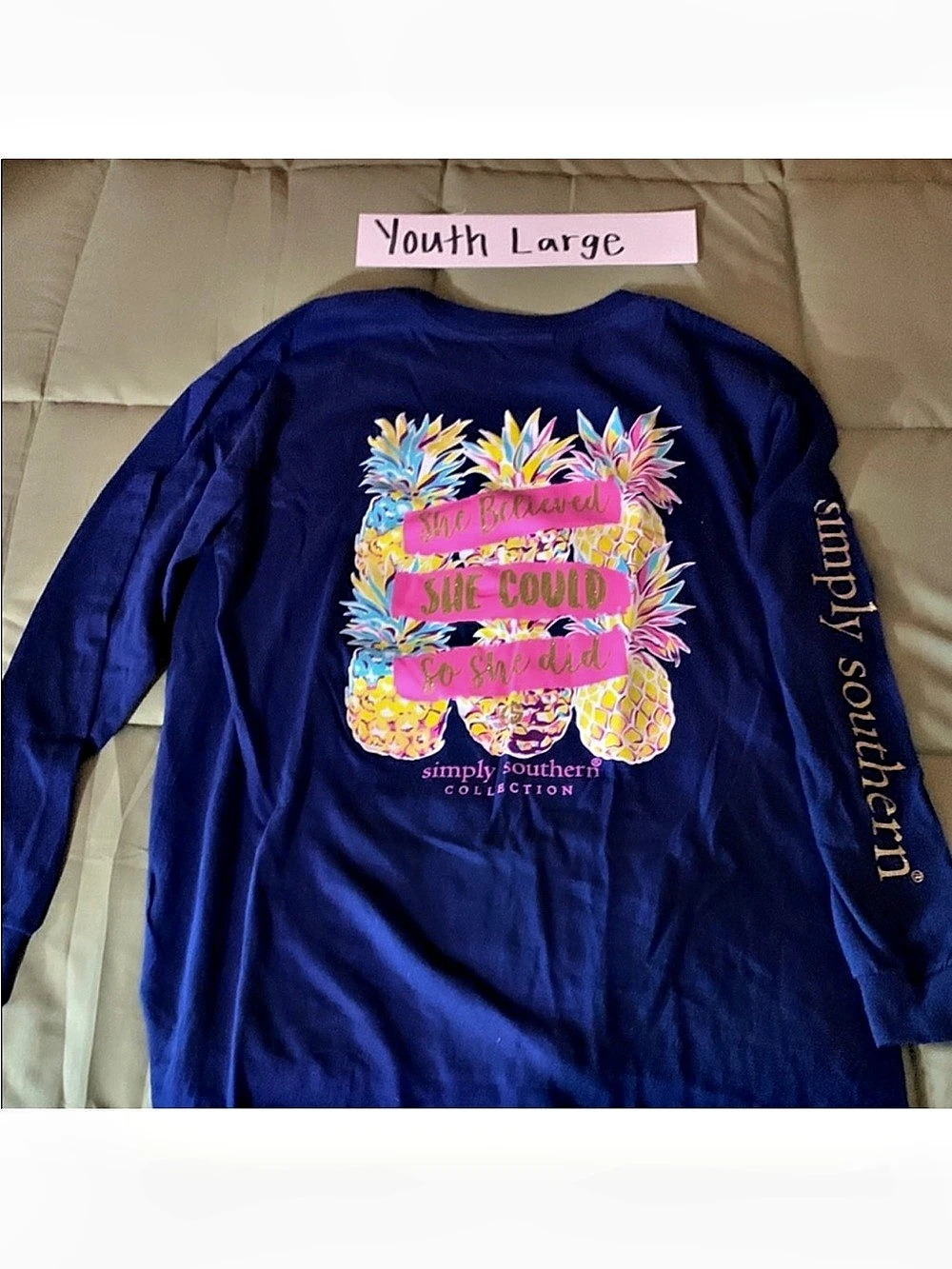 Simply Southern Collection Long Sleeve Tee Blue & Pink Youth Large NEW